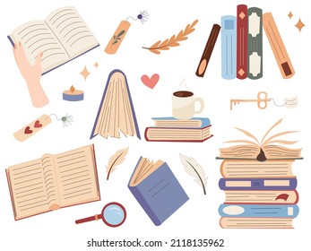 Collection of books for reading and cozy attributes, literary evening, illustrations showing love for books 