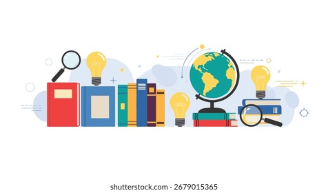 Una colección de libros que representan el conocimiento y el aprendizaje con bombillas que simbolizan las ideas y un mundo que representa la conciencia global.
