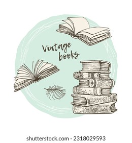A collection of books sketches .Various books in vintage style. Hand-drawn vector design elements.