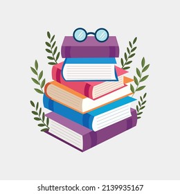 Sammlung von Büchern, Stapel von Lehrbüchern, Pflanzen. Farbige Flachgrafik.