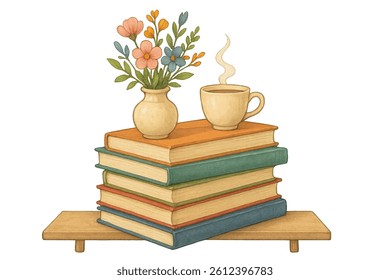 A collection of books in various colors and sizes is topped with a vase of flowers and a cup of coffee or tea, symbolizing a reading and learning environment