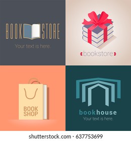 Collection of bookstore, bookshop vector emblems, logo. Template design elements with book as a bag, present for e-book store