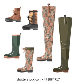 A collection boots. Hunting. Vector illustrations in flat style. Isolated vector illustration