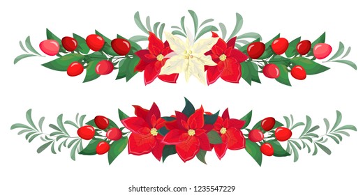 Collection of borders for new year design. Christmas borders of poinsettia, Hypericum, berries and green leaves. All elements are isolated