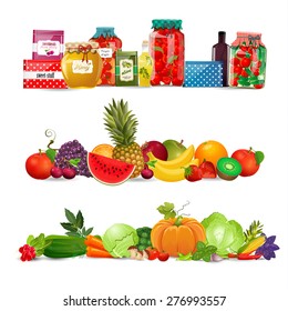 collection borders with preserve food, vegetables, fruits. autumn harvest