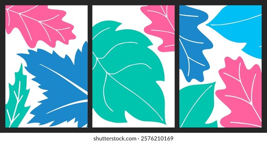 collection of Botanical card or poster pop art style background. Flower and leaves abstract,  design ready for print, wall art for home decoration.