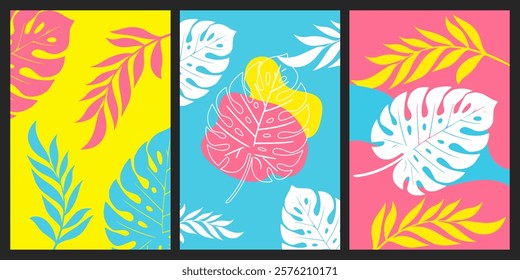 collection of Botanical card or poster pop art style background. Flower and leaves abstract,  design ready for print, wall art for home decoration.