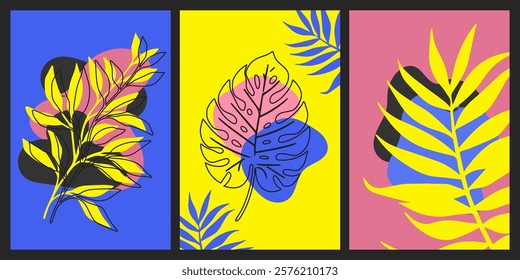 collection of Botanical card or poster pop art style background. Flower and leaves abstract,  design ready for print, wall art for home decoration.