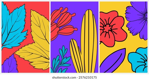 collection of Botanical card or poster pop art style background. Flower and leaves abstract,  design ready for print, wall art for home decoration.