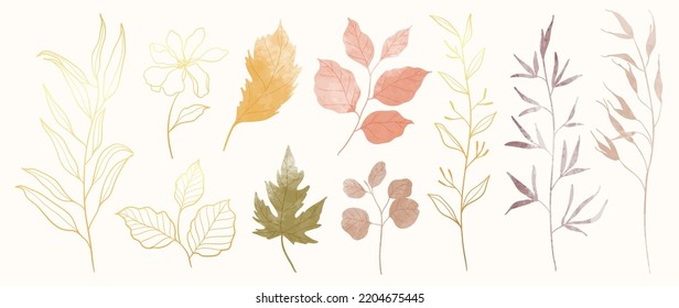 Collection of botanical elements in watercolor. Set of autumn wild flowers, maple, branches, leaves, eucalyptus, leaf. Hand drawn of luxury fall foliage vectors for card, print, graphic, decorative.