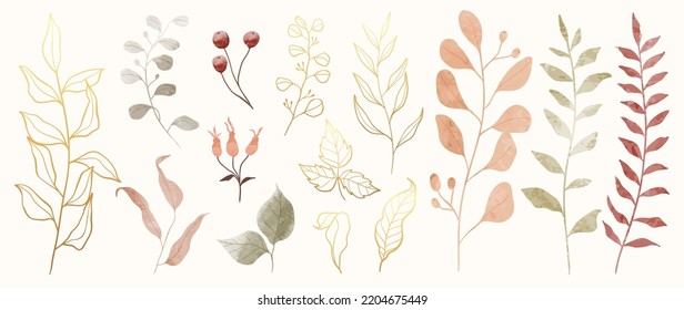 Colección de elementos botánicos en acuarela. Conjunto de flores silvestres de otoño, plantas, ramas, berry, eucalipto, hoja. Dibujo manual de vectores de follaje de otoño de lujo para tarjetas, impresos, gráficos, decorativos.