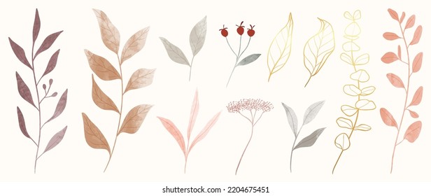 Collection of botanical elements in watercolor. Set of autumn wild flowers, plants, branches, berry, eucalyptus, leaf. Hand drawn of luxury fall foliage vectors for card, print, graphic, decorative.