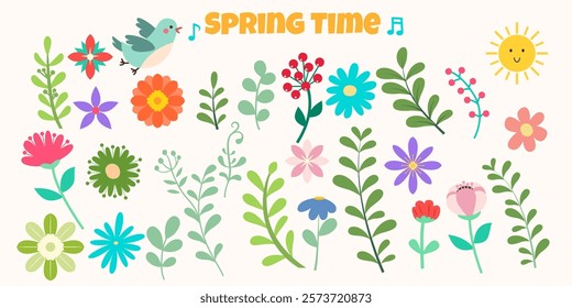 Collection of botanical and floral elements. Set floral of wildflower, leaf branch, foliage on white background. All layered and grouped. Vector.