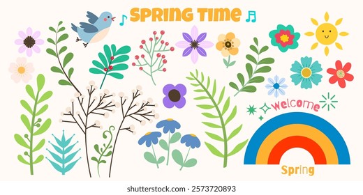 Collection of botanical and floral elements. Set floral of wildflower, leaf branch, foliage on white background. All layered and grouped. Vector.