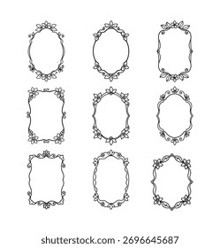 Collection botanical frame vector illustration. Flower border, decorative design. Decoration element with flower and leaf. Use for labels, invitation, greeting cards.