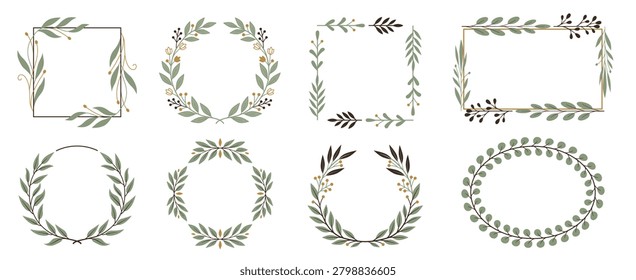 Collection of botanical frames featuring green leaves and gold accents, in square, oval, circular wreath, and bordered designs. Vector illustration