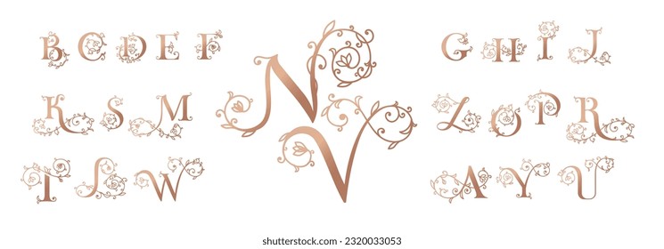 Colección de logotipos botánicos, iniciales, de letras femeninas con elementos de planta orgánica rosa. Monogramas Delicados para la boda, boutique