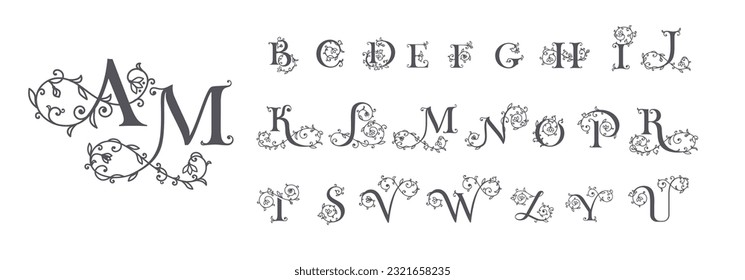 Collection of botanical, initial, letter female logos with rose organic plant elements. Delicate monograms for wedding, boutique