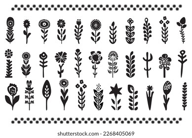 Collection of botanical isolated vector motifs. Set of woodland plant floral art. 