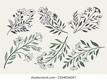 Collection of Botanical Minimalistic, Feminine Flowers, branches and leaves. Vector illustration of trendy botanical elements suitable for Wedding Invitation, save the date or greeting card.
