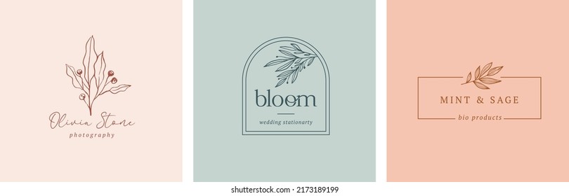 Collection of Botanical Minimalistic, Feminine Logos with Organic Plant Elements