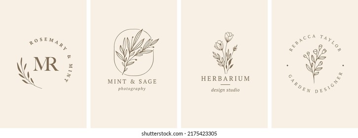 Collection of Botanical Minimalistic, Feminine Logos with Organic Plant Elements. Vector illustration