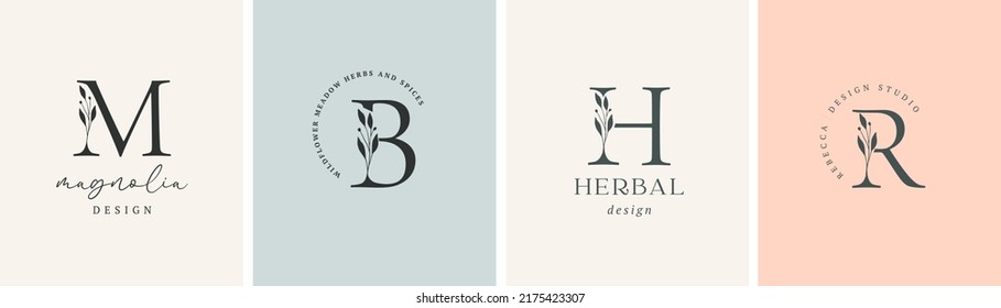 Collection of Botanical Minimalistic, Initial, Letter Feminine Logos with Organic Plant Elements. Vector design