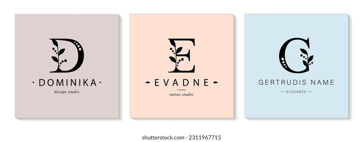 Collection of Botanical Minimalistic, Initial, Letter D, E, G. Feminine Logos with natural plant elements. Vector design. for flower salon or art studio.