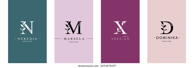 Collection of Botanical Minimalistic, Initial, Letter N, M, X, D. Feminine Logos with natural plant elements. Vector design. for flower salon or art studio.