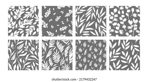 Collection of botanical seamless patterns with branches and leaves. Hand drawn black and white ornaments. Tropical fern leaves, thyme, olive branches, eucalyptus. Natural organic vector ornaments