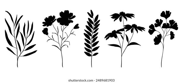 Collection of botanical silhouette element vector. Set of tropical plant, wildflower, rose, daisy, ginkgo leaf, eucalyptus leaves. Hand drawn of botanical for decor, website, graphic, decorative.