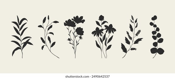 Colección del Vector botánico del elemento de la silueta. Conjunto de plantas tropicales, flores silvestres, rosas, margaritas, girasoles, hojas de eucalipto. Dibujado a mano de botánico para decoración, Sitio web, gráfico, decorativo.