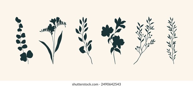 Colección del Vector botánico del elemento de la silueta. Conjunto de planta tropical, flor silvestre, rosa, flor de lirio, hojas de eucalipto. Dibujado a mano de botánico para decoración, Sitio web, gráfico, decorativo.