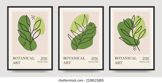 collection of botanical vector posters with plants. Drawing in one line boho green tones with abstract shapes. design for print, cover, wallpaper, minimalistic and natural wall art.