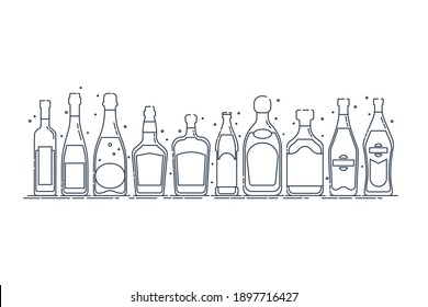 Collection bottle alcoholic drinks. Alcohol container stand in row. Illustration isolated. Flat design style. Beer champagne red wine liquor vodka martini vermouth whiskey rum tequila. Vector.
