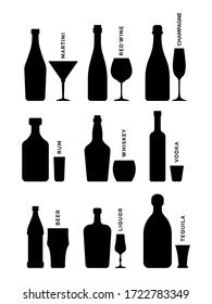 Bebidas alcohólicas de la botella de recogida. Ilustración aislada. Estilo de diseño plano con relleno de color. Cerveza champán whisky licor vodka martini whiskey ron tequila. Vector
