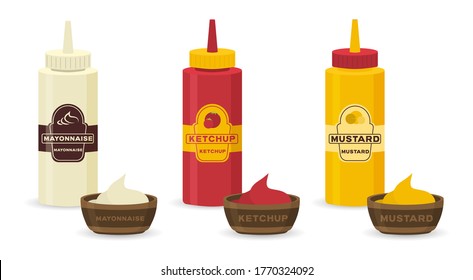 Recolección de botellas y salsa de tazón para cocinar aislada en fondo blanco. Conjunto de botellas diferentes con salsas - ketchup, mostaza, soja, wasabi, mayonesa, bbq en diseño plano. Ilustración vectorial.