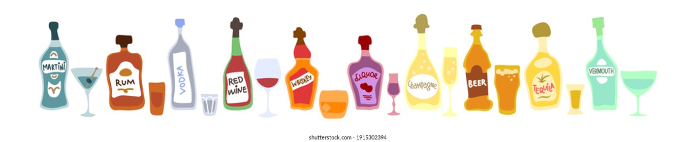 Collection bottle and glass in row. Freehand doodle style on white backdrop. Vector colored cartoon sketch. Hand drawn image. Beer champagne red wine liquor vodka martini vermouth whiskey rum tequila