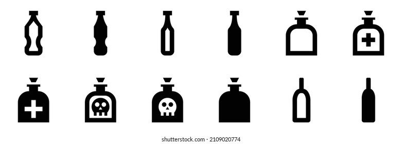 Colección de iconos del frasco. Conjunto de iconos plano negro aislado en fondo blanco
