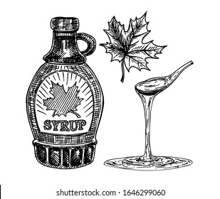 Collection of a bottle of maple syrup and maple leaves. Maple syrup dripping from a spoon. Hand drawn