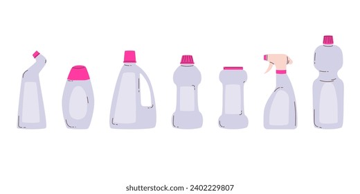 Collection of bottles with cleaning products. Set of plastic packaging for household chemicals. Modern flat vector illustration isolated on white background