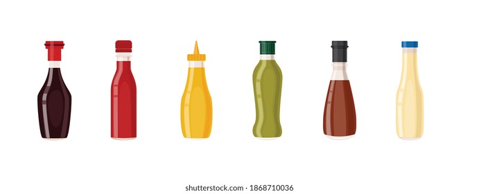 Collection bottles of different hot spicy sauces, flat vector illustration isolated on white background. Standing in row sauce bottles for food spicing.