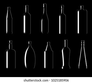 Collection of bottles of different shapes on a black background. Vector illustration