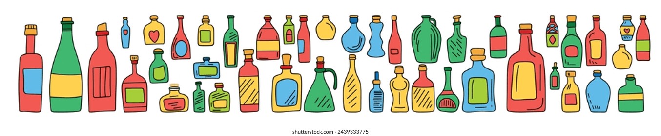 Collection of bottles in doodle style. Hand drawn vector art.