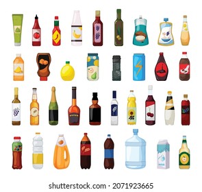 Collection of bottles for drinks and sauces in a detailed style.