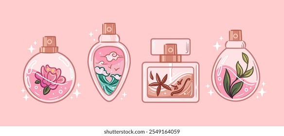 Collection of bottles featuring floral, spicy, oceanic, and herbal scents. sketch style, these captivating bottles resemble magic potions, perfect for stickers, posters, postcards, or design elements.