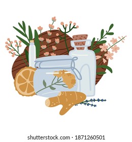Sammlung von Flaschen und Glas mit ätherischen Ölen aus Lavendel, Ingwer, Bergamot und Zitrusfrüchten. Kosmetische, Parfüm- und medizinische ätherische Öle. handgezeichnete Vektorgrafik pflanzlicher Kosmetika