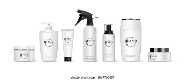 Collection of bottles and jars for a cosmetic set isolated on a white background. Foam tube, hairspray, deodorant, plastic bottles. Vectral illustration