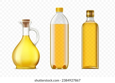 Collection of bottles and jug with cooking oil. Packaging templates with olive, sunflower or rapeseed oil isolated on a transparent background. Stock vector illustration.