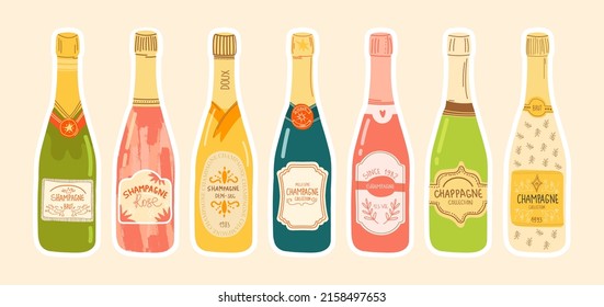 Collection of bottles of various champagne wines. prosecco, rose, brut sparkling wines aged elite alcoholic drinks in a glass bottle on an isolated background. Bright hand-drawn drawings